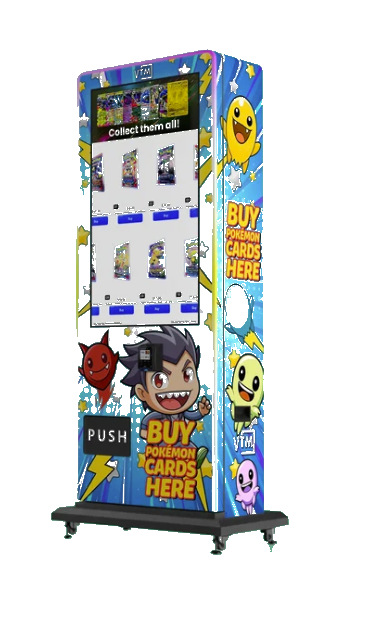 Pokémon slim tower vending machine with dimensions 72.8 inches high, 33.5 inches wide, 23.2 inches deep