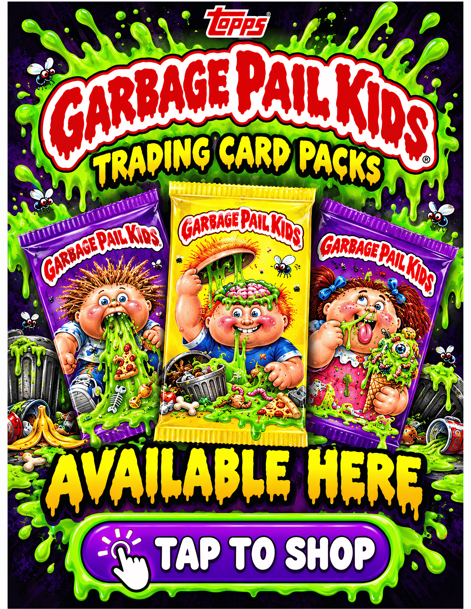 Garbage Pail Kids trading card packs displayed on a vending machine touchscreen with an available here, tap to shop button