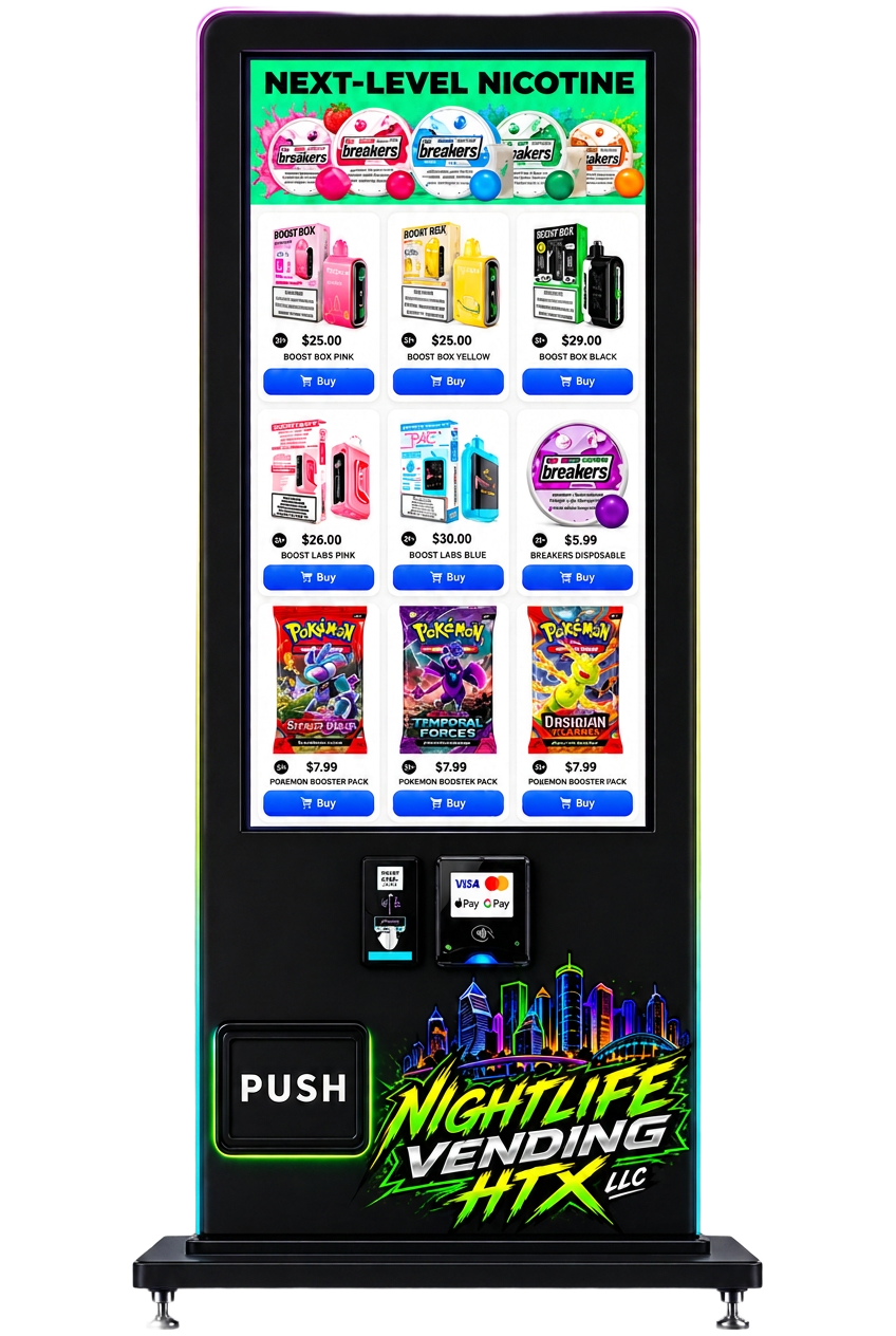 Slim Tower freestanding smart vending machine with touchscreen product display and neon lighting