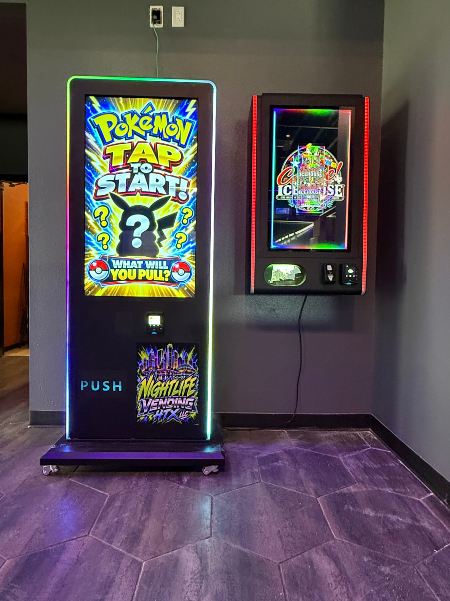 Nightlife Vending HTX Pokémon card vending tower and wall-mount machine installed at a Houston venue